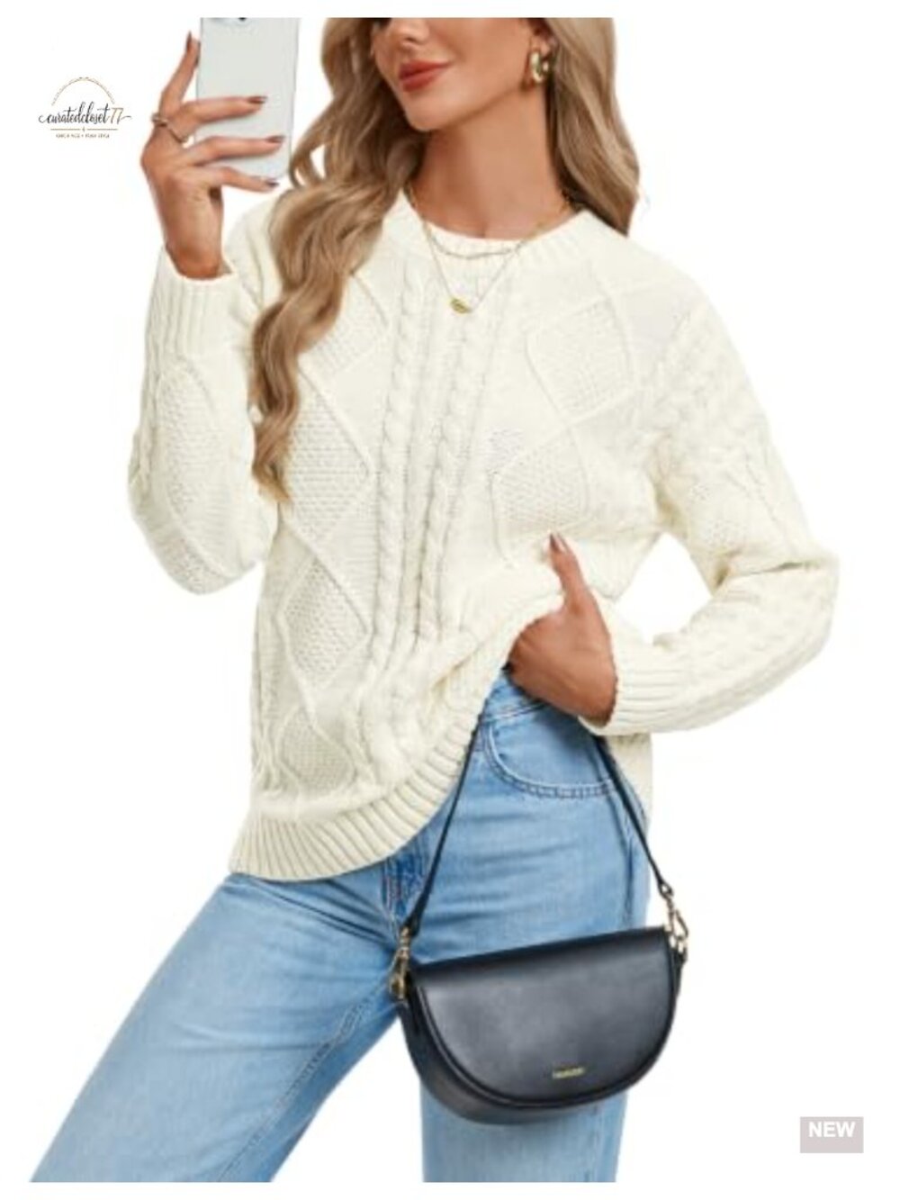 Cable Knit Oversized Sweater Crew Neck Long Sleeve Pullover for Women